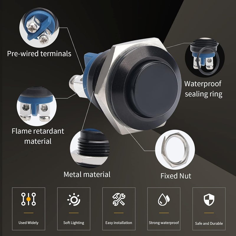 STARELO 5pcs 16mm Momentary Push Button Switch Black Shell, IP65 Waterproof Push Button Switch,Aluminum Alloy 1 Normally Open Without LED. - Image 5